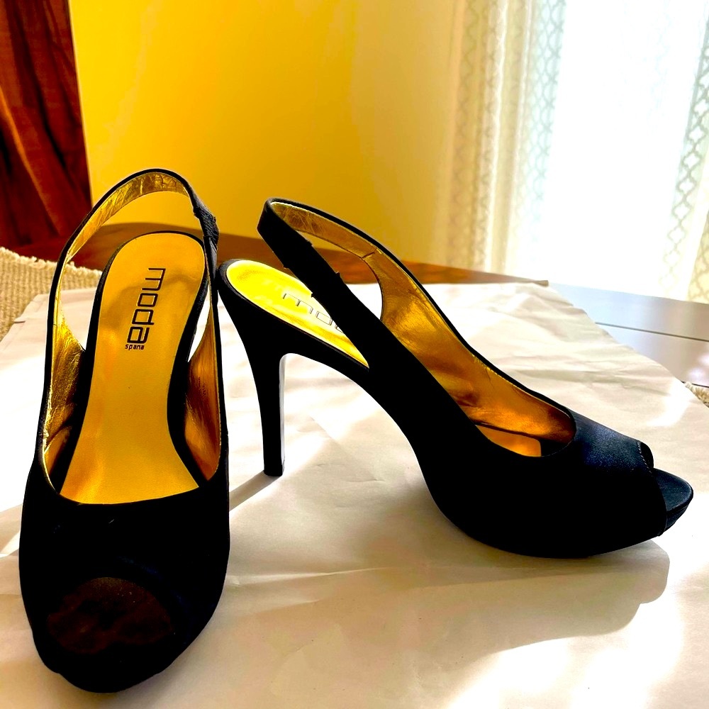 Black satin slip on peep toe platform evening shoes by Moda Spana